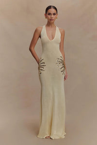 Damen Maxi Kleid mit tiefem V-Ausschnitt und Pailletten Applikationen an den Seiten – Elfenbein