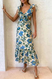 Damen Maxi-Kleid mit V-Ausschnitt und Rüschenträgern mit seitlichen Aussparungen und Bindeverschluss am Rücken – Blau