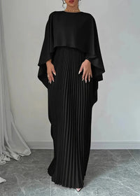 Damen Maxikleid mit Asymmetrischem Cape-Überwurf Plisseerock und Rundhals – Schwarz
