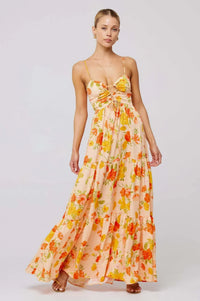 Damen Maxikleid mit Blumenmuster und Aussparungen mit Stufenrock und Spaghettiträgern – Orange mit Blumenmuster