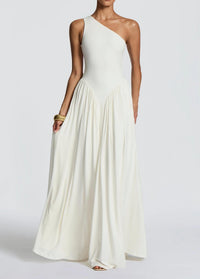 Damen Maxikleid mit Einschulter Ausschnitt und Gerafften Paneelen an der Hüfte – Weiß