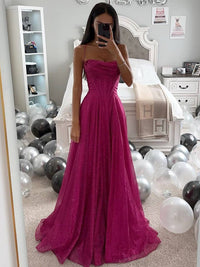 Damen Maxikleid mit Herzausschnitt Spaghettiträgern und glitzerndem Tüllrock – Dunkelrosa