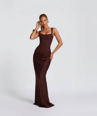 Damen Maxikleid mit Korsettoberteil und Breiten Schulterträgern – Braun