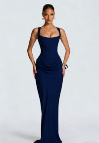 Damen Maxikleid mit Korsettoberteil und Breiten Schulterträgern – Marine