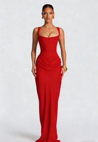 Damen Maxikleid mit Korsettoberteil und Breiten Schulterträgern – Rot