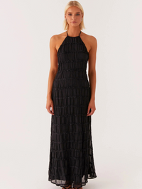 Damen Maxikleid mit Nackenbindung Offenem Rücken und Strukturierter Oberfläche – Schwarz