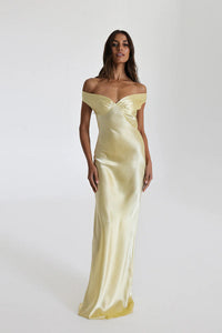 Damen Maxikleid mit Off-Shoulder-Ausschnitt V-Dekolleté und Bodenlanger Länge – Gelb
