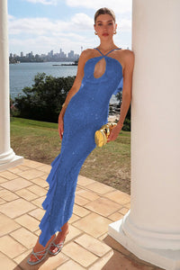 Damen Maxikleid mit Pailletten und kreuzenden Halter Trägern und asymmetrischem Rüschensaum – Blau