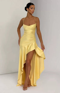 Damen Maxikleid mit Spaghettiträgern und Asymmetrischem Saum – Gelb