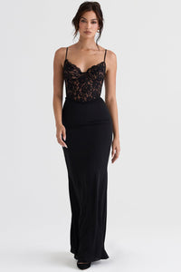 Damen Maxikleid mit Spaghettiträgern und halbtransparentem Spitzenoberteil mit Herzausschnitt – Schwarz