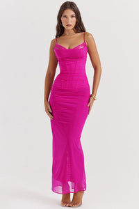 Damen Maxikleid mit Spaghettiträgern und Spitzenbesatz mit gerafftem Oberteil – Roze