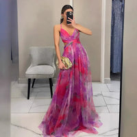 Damen Langes Kleid mit Blumenmuster Spaghettiträgern tiefem V-Ausschnitt und überkreuztem Oberteil – Lila