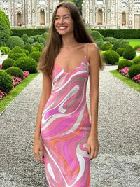 Damen Maxikleid mit Spaghettiträgern und V-Kragen mit Muster – Rosa
