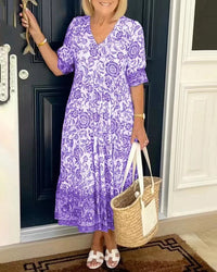 Damen Maxikleid mit V-Ausschnitt Knopfleiste und Blumenmuster – Lila