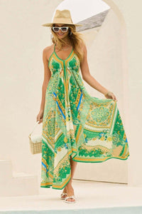 Damen Maxikleid mit V-Ausschnitt und Spaghettiträgern mit offenem Rücken und Zipfelsaum – Grün