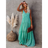 Damen Maxikleid mit V-Hals Spaghettiträgern und Gestuftem Rock – Grün