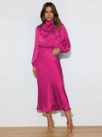 Damen Midi-Kleid mit Rollkragen und Ballonärmeln mit elastischem Bund – Rosa