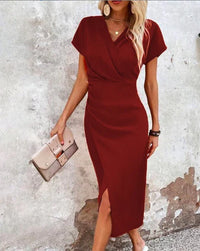 Damen Midi-Kleid mit V-Ausschnitt und Kurzärmeln mit Vorderschlitz – Bordeaux