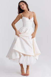 Damen Midikleid mit Bustier-Oberteil Spaghettiträgern Spitzenbesatz am Ausschnitt und Tellerrock mit Seitentaschen – Weiß