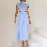 Damen Midikleid mit gerafftem Oberteil Kappenärmeln und seitlichen Taillenausschnitten – Blau