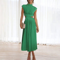 Damen Midikleid mit gerafftem Oberteil Kappenärmeln und seitlichen Taillenausschnitten – Grün
