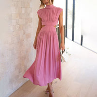 Damen Midikleid mit gerafftem Oberteil Kappenärmeln und seitlichen Taillenausschnitten – Rosa