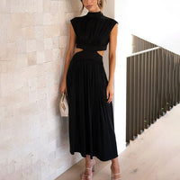 Damen Midikleid mit gerafftem Oberteil Kappenärmeln und seitlichen Taillenausschnitten – Schwarz
