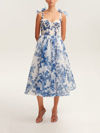 Damen Midikleid mit Herzausschnitt und Bindeträgern mit Schleifen und Blumenmuster – Blau mit Blumenmuster
