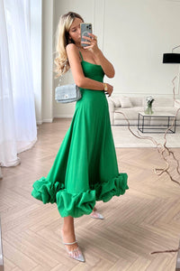Damen Midikleid mit Spaghettiträgern Gerader Halspartie und Rüschensaum – Grün