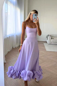Damen Midikleid mit Spaghettiträgern Gerader Halspartie und Rüschensaum – Lila