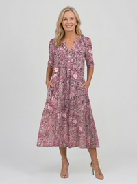 Damen Midikleid mit V-Ausschnitt Dreiviertelärmeln und Blumenmuster – Rosa