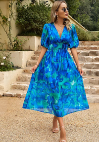 Damen Midikleid mit V-Dekolleté Puffärmeln und Geraffter Taillenpartie – Blau