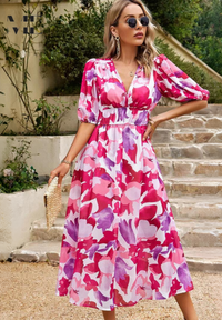 Damen Midikleid mit V-Dekolleté Puffärmeln und Geraffter Taillenpartie – Rosa