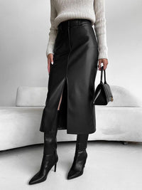 Damen Midirock mit Frontschlitz und Gürtelschlaufen – Schwarz