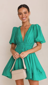 Damen Minikleid mit tiefem V-Ausschnitt und kurzen Puffärmeln – Grün