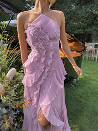 Damen Nackenträger-Midikleid mit Plissee und Vertikalem Rüschenbesatz – Lila