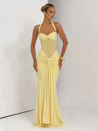 Damen Neckholder Maxikleid mit halbtransparentem Einsatz und Knotenpartie – Gelb