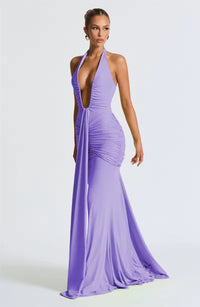 Damen Neckholder Maxikleid mit tiefem V-Ausschnitt und durchgehender Raffung – Lavendel