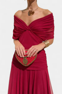 Greta | Damen Off-Shoulder Cocktailparty-Kleid figurbetontes Maxi-Abendkleid – Rot