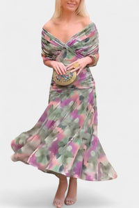 Greta | Damen Off-Shoulder Cocktailparty-Kleid figurbetontes Maxi-Abendkleid – Mehrfarbig