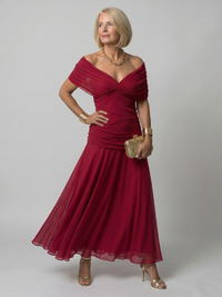 Damen Off-Shoulder Maxi Kleid mit Drapeé-Kragen und Raffbund – Dunkelrot