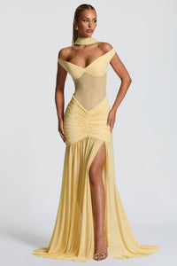 Damen Off-Shoulder Maxikleid mit Schalpartie und halbtransparentem Oberteil – Gelb