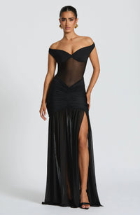 Damen Off-Shoulder Maxikleid mit Schalpartie und halbtransparentem Oberteil – Schwarz