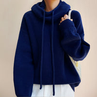 Elfriede | Damen Oversize Strick-Turtleneck Sweater mit Kapuze und Kordelzug – Blau