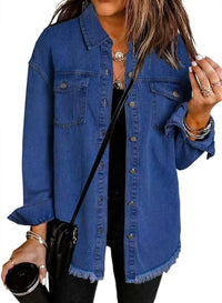 Charlotte | Damen Oversized Jeansjacke Langarm mit Knopfleiste und Fransen – Dunkelblau
