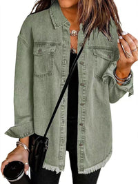Charlotte | Damen Oversized Jeansjacke Langarm mit Knopfleiste und Fransen – Olivgrün