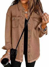 Charlotte | Damen Oversized Jeansjacke Langarm mit Knopfleiste und Fransen – Braun
