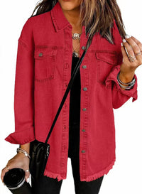 Charlotte | Damen Oversized Jeansjacke Langarm mit Knopfleiste und Fransen – Rot