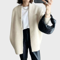 Clara | Damen Oversized Kaschmir Cardigan mit Druckknöpfen – Weiß