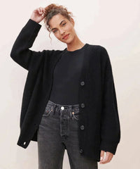 Lena | Damen Oversized Kaschmir V-Ausschnitt Cardigan – Schwarz